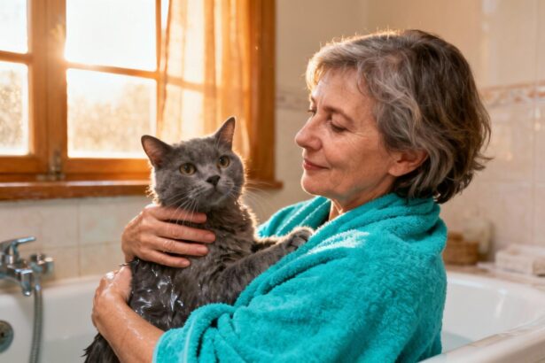 Femme souriante de 55 ans lavant doucement un chat gris dans une serviette turquoise vive, ambiance naturelle et chaleureuse