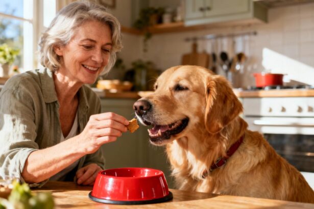 Femme de 55 ans donnant une friandise light à son golden retriever heureux dans une cuisine éclairée naturellement