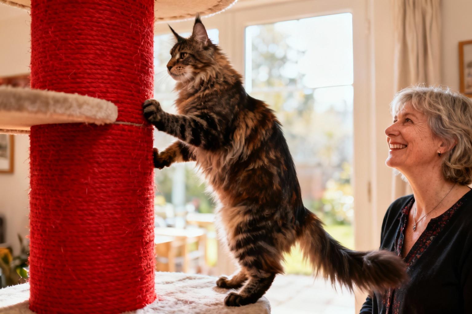 Maine coon adulte escaladant un arbre à chat extra large avec poteau à gratter rouge vif dans un intérieur lumineux