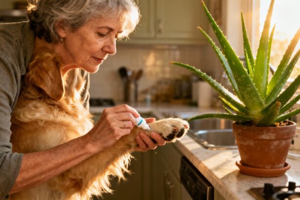 Femme de 50 ans appliquant délicatement une pommade sur l'oreille d'un golden retriever dans une cuisine baignée de lumière dorée