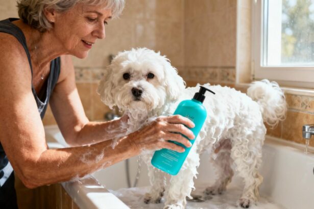 Femme de 55 ans lavant son chien bichon blanc avec un shampoing turquoise dans une salle de bain lumineuse