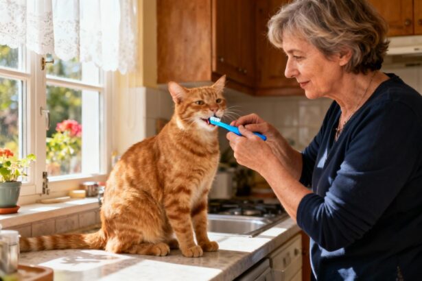 Femme de 55 ans brossant les dents d'un chat roux avec une brosse à dents bleue sur un plan de travail de cuisine