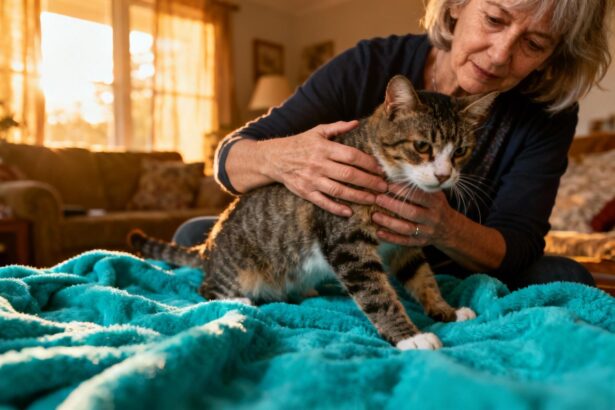 Femme européenne de 55 ans réconfortant un chat stressé enroulé dans une couverture turquoise, dans un intérieur chaleureux
