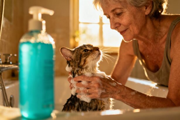 Femme européenne de 60 ans baignant doucement son chat avec un shampoing turquoise dans une salle de bain lumineuse