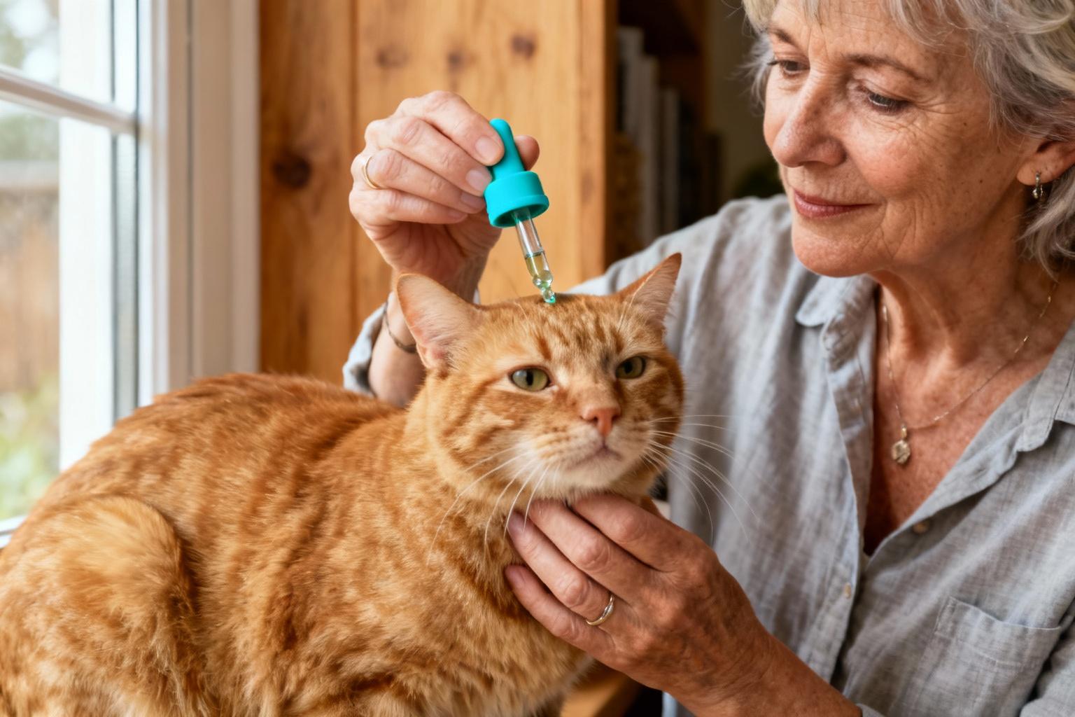 Femme de 60 ans donnant des gouttes de CBD à son chat roux avec une pipette turquoise, fond en bois naturel