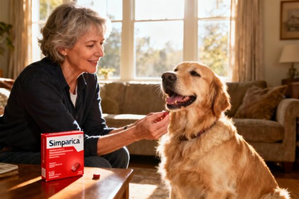 Femme de 55 ans donne un comprimé antiparasitaire Simparica à un golden retriever joyeux dans un salon ensoleillé
