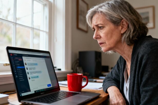 Femme européenne de 55 ans regardant avec préoccupation son écran d'ordinateur montrant une interface de chat