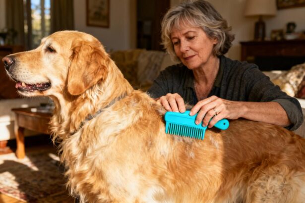Femme de 55 ans peignant son golden retriever avec un peigne anti puce bleu turquoise dans un intérieur chaleureux
