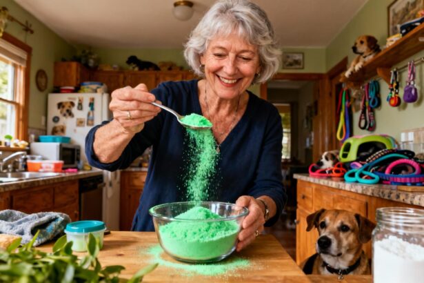 Femme de 60 ans préparant un désodorisant naturel pour chien dans sa cuisine avec du bicarbonate vert et des accessoires pour animaux