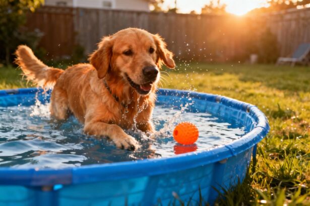 Golden retriever s'éclaboussant dans une piscine bleue avec un jouet orange flottant sous la lumière dorée du coucher de soleil