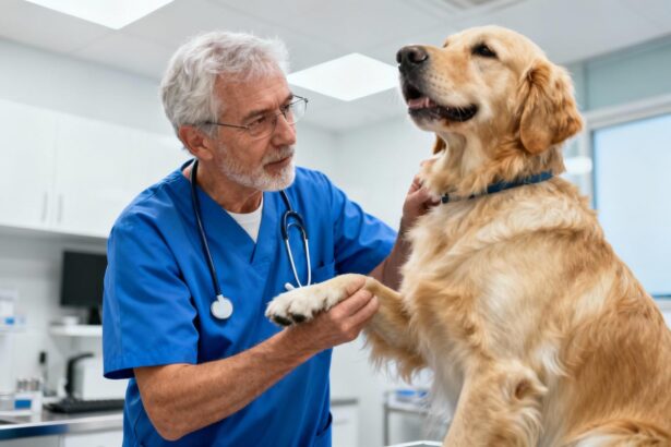 Vétérinaire en bleu examinant un golden retriever dans une clinique moderne, moment authentique de soin