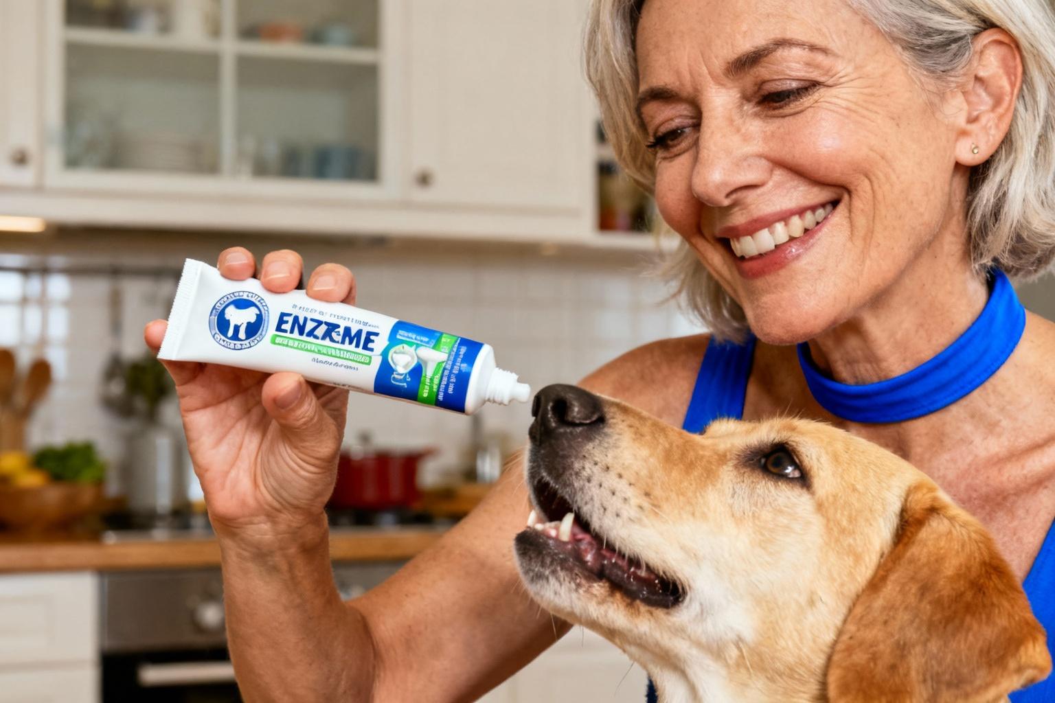 Femme souriante tenant un tube de dentifrice enzymatique pour chien dans une cuisine bien éclairée, collier bleu visible