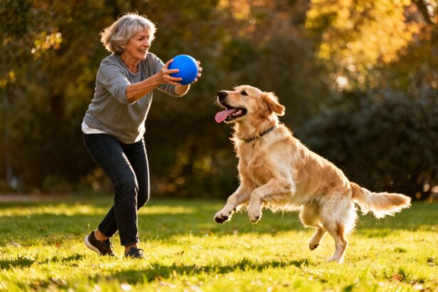 Femme de 55 ans joyeuse lance une balle bleue à son golden retriever dans un parc ensoleillé