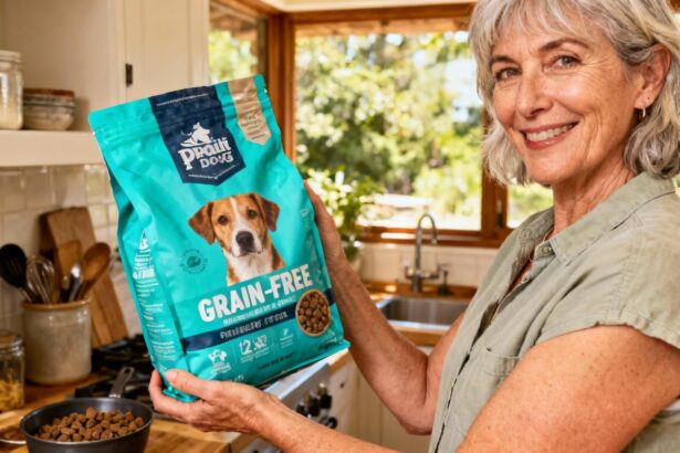 Femme de 55 ans tenant un sac de croquettes sans céréales pour chien dans une cuisine lumineuse