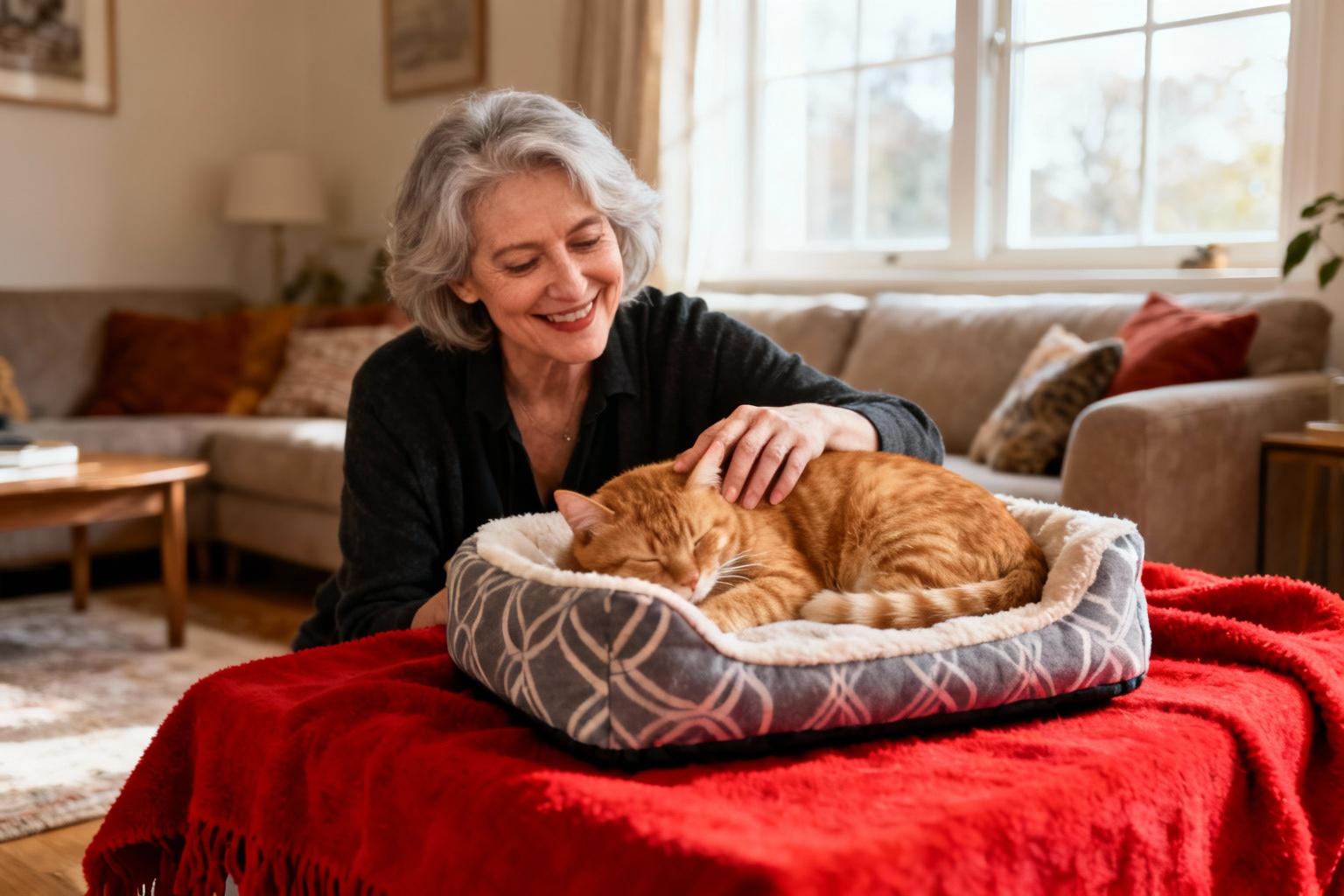 Femme souriante caressant son chat gingembre endormi sur une couverture rouge dans un salon chaleureux
