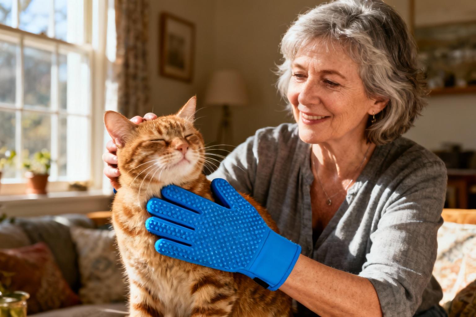 Femme souriante toilettant un chat roux avec un gant bleu dans un intérieur chaleureux