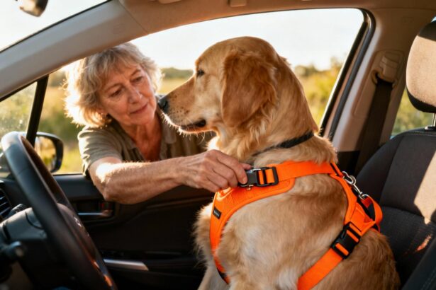 Femme de 55 ans attachant son golden retriever avec une ceinture de sécurité orange dans une voiture