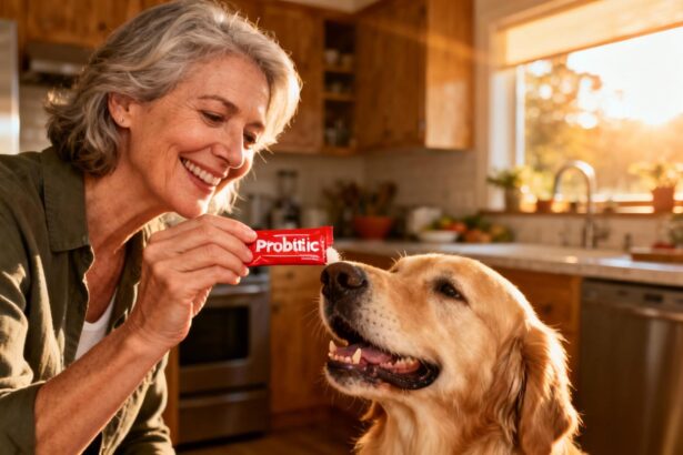 Femme souriante donnant une dose de probiotiques en poudre à un golden retriever dans une cuisine lumineuse
