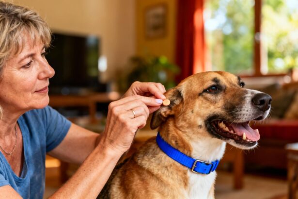 Femme de 45 ans donne un comprimé Ad Tab à son chien heureux dans un intérieur chaleureux