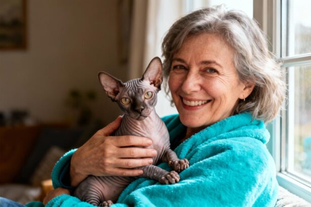 Femme de 55 ans souriante tenant un chat sphynx sans poils sur une couverture turquoise vibrante