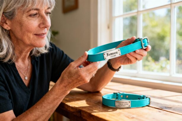 Collier pour chien turquoise avec étiquette gravée tenu par une femme montrant les détails de personnalisation