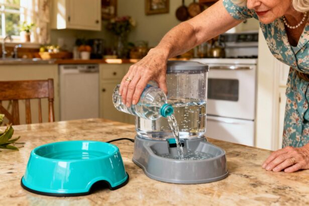 Femme remplissant un distributeur automatique d'eau pour chien dans une cuisine lumineuse, bol turquoise visible