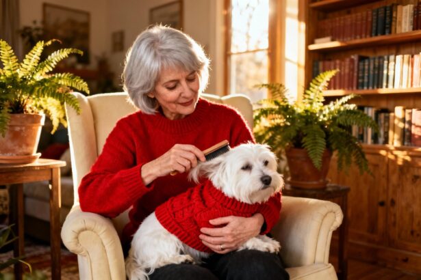 Femme de 60 ans tenant un petit chien portant un pull rouge tricoté dans un intérieur chaleureux en hiver