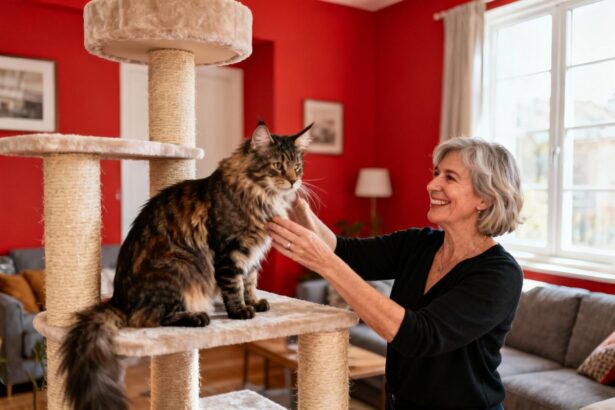 Maine coon gris assis sur un grand arbre à chat avec un poteau à gratter rouge, femme souriante à côté