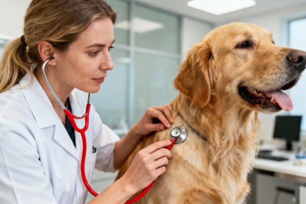Vétérinaire européenne examinant un golden retriever avec un stéthoscope rouge dans une clinique moderne