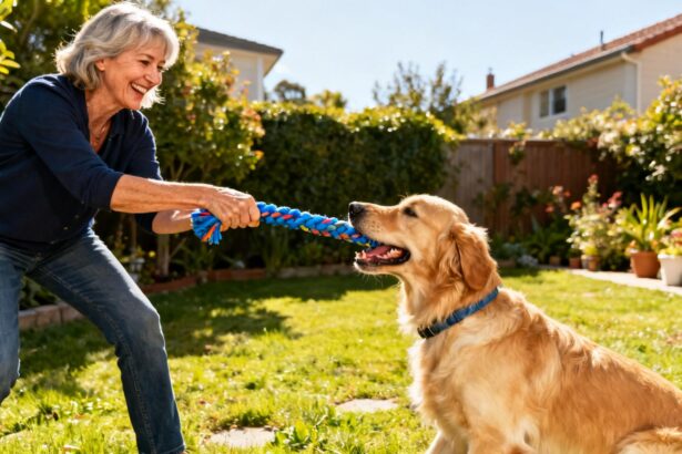 Femme de 55 ans joyeuse tirant sur une corde bleue avec son golden retriever dans un jardin ensoleillé