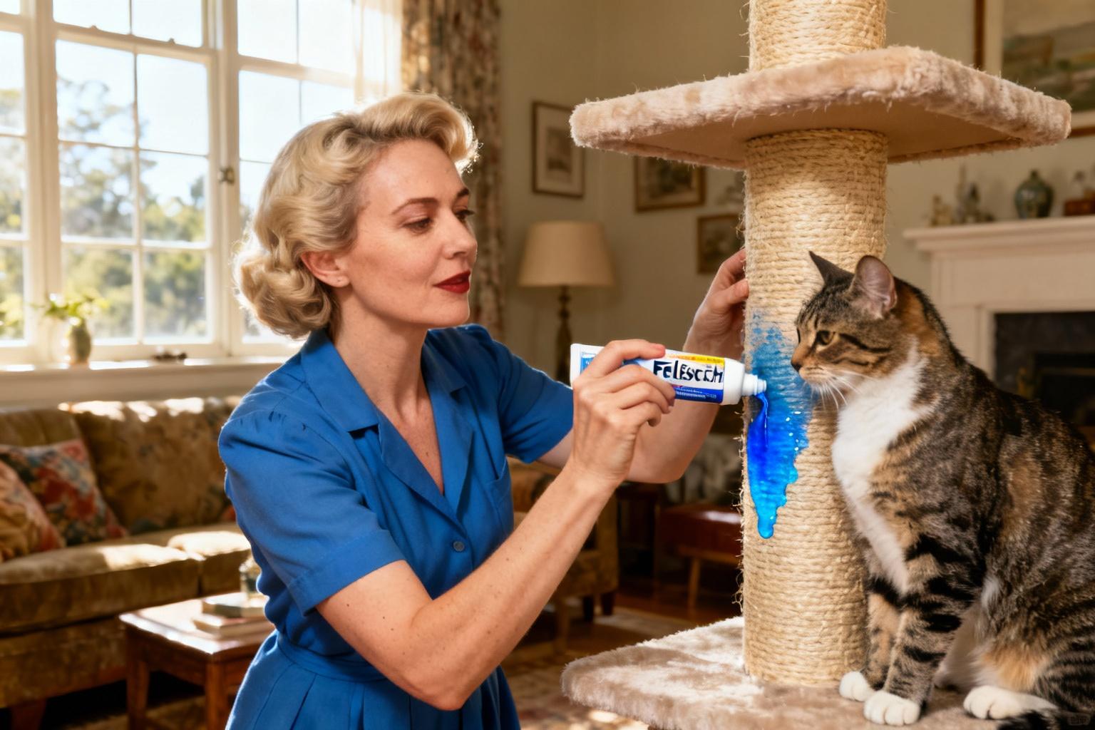 Femme de 50 ans appliquant le produit Feliscratch sur un griffoir pour chat dans un salon cosy