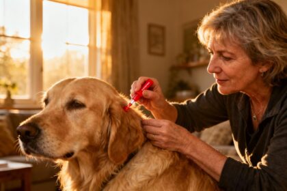 Femme de 55 ans appliquant soigneusement un traitement Frontline Spot-On sur son chien golden retriever dans un intérieur chaleureux