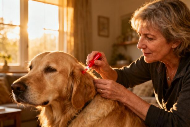 Femme de 55 ans appliquant soigneusement un traitement Frontline Spot-On sur son chien golden retriever dans un intérieur chaleureux