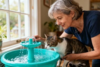 Une femme de 55 ans observe son chat buvant à une fontaine à eau turquoise dans un intérieur naturellement éclairé