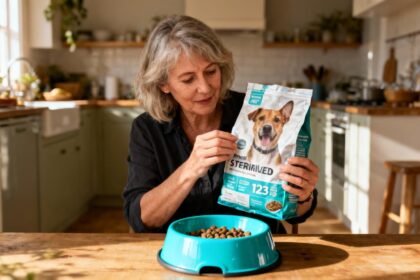 Femme tenant un sac de croquettes premium pour chien stérilisé avec bol turquoise