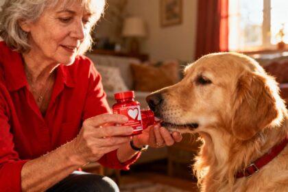 Femme de 60 ans donne un complément cardiaque à son Golden Retriever dans un intérieur chaleureux