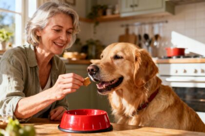 Femme de 55 ans donnant une friandise light à son golden retriever heureux dans une cuisine éclairée naturellement