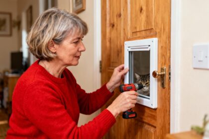 Femme de 55 ans en pull rouge vif installant une chatière magnétique sur une porte en bois avec outils visibles