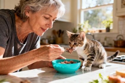 Une femme européenne de 55 ans nourrit un chaton avec de la pâtée dans un bol turquoise sous la lumière naturelle d'une cuisine