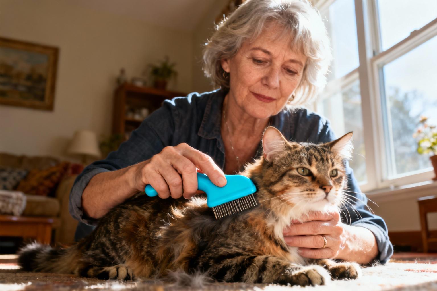 Femme européenne de 55 ans peignant doucement son chat avec un peigne bleu dans un intérieur chaleureux