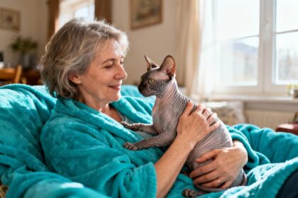 Femme âgée tenant affectueusement un chat sphynx sans poils sur une couverture turquoise dans un intérieur chaleureux