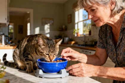 Femme de 55 ans aidant son chat à manger lentement avec un bol anti-gourmandise bleu dans une cuisine