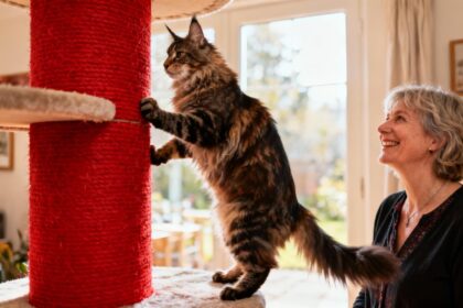Maine coon adulte escaladant un arbre à chat extra large avec poteau à gratter rouge vif dans un intérieur lumineux