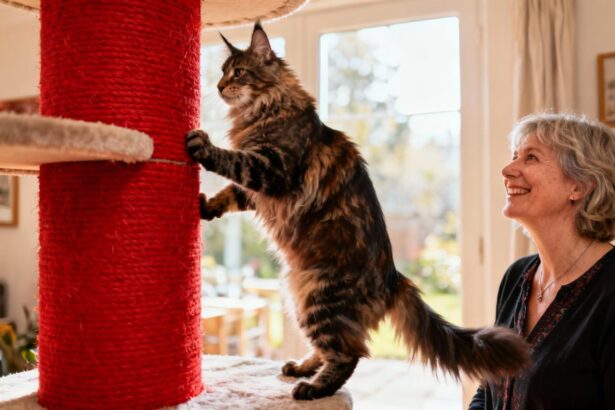 Maine coon adulte escaladant un arbre à chat extra large avec poteau à gratter rouge vif dans un intérieur lumineux