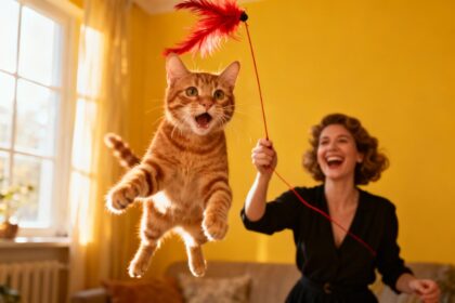 Chat tabby roux en plein saut pour attraper un jouet à plume rouge, fond jaune vif, femme riant en arrière-plan
