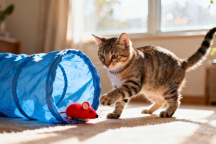 Chat européen jouant dans un tunnel en tissu bleu avec une souris rouge à l'intérieur, lumière naturelle et fond flou