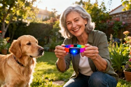 Femme souriante tenant un collier anti-fugue coloré pour chien avec indicateur LED bleu, golden retriever curieux à côté