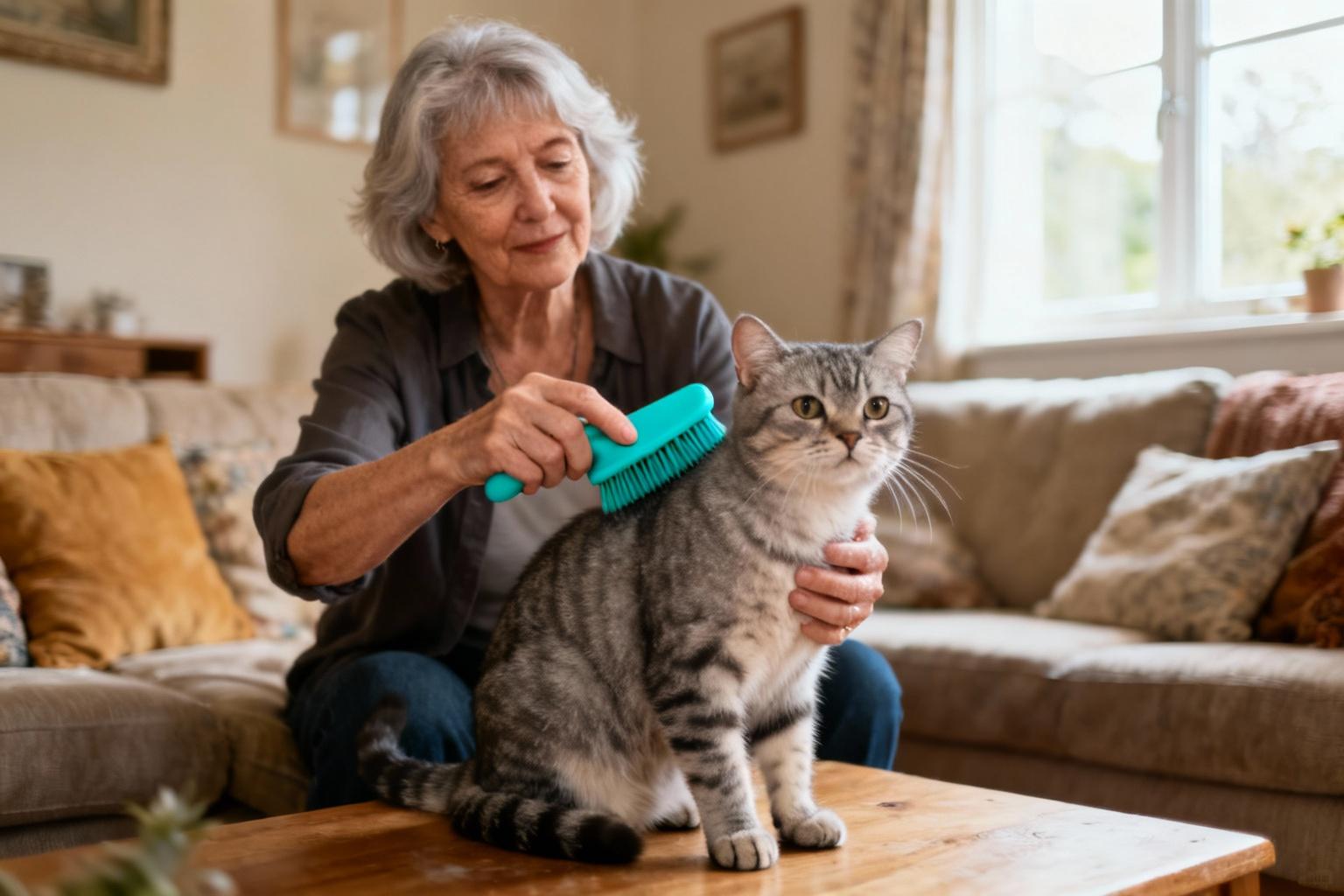 Femme âgée brossant avec soin les poils de son chat européen à poils longs avec une brosse turquoise