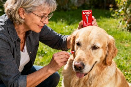 Femme de 55 ans appliquant une pipette Advantix rouge sur un golden retriever dans un jardin