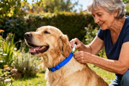 Femme européenne appliquant un traitement anti-tique sur son chien golden retriever dans un jardin, collier bleu visible